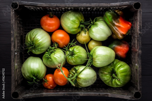 Box with tomatoes  top view