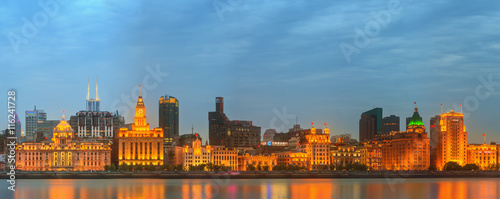 Photography Skyline of The Bund, marvellous historical buildings and Huangpu River on sunset