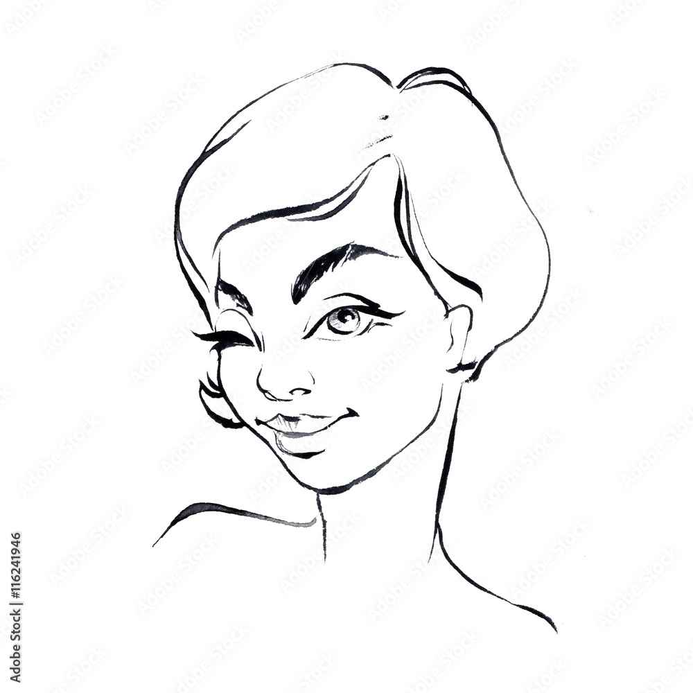 Girl. Black and white line sketch. Winking woman Girl. Black and white line sketch. Winking woman