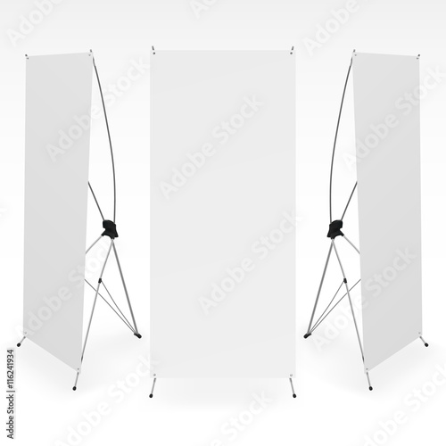 Set of blank X-stand banners display template isolated on gray background. Vector illustration.