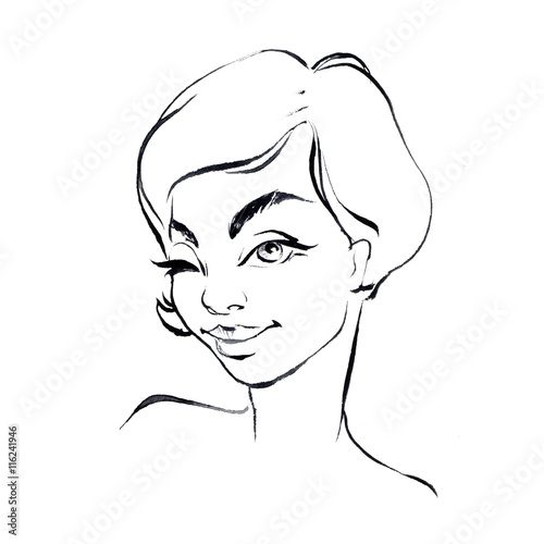 Girl. Black and white line sketch. Winking woman