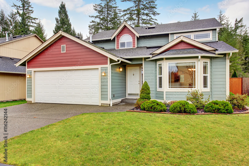 Classic American house with red and blue trim