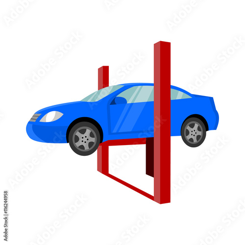 Repairing a car lifted on auto hoist icon cartoon. Single car repair icon.