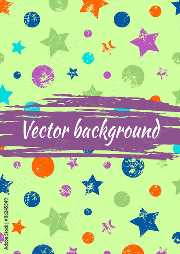 Vector watercolor drawn background with colorful geometrical figures, stars, circles and brush stroke. Colorful creative artistic template for greeting card, layout, cover. Green color