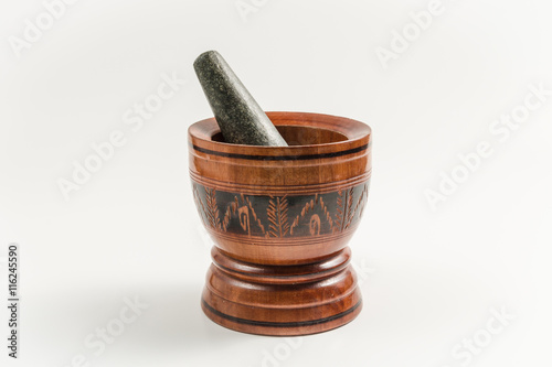 wood mortar and rock pestle isolated on white backgorund