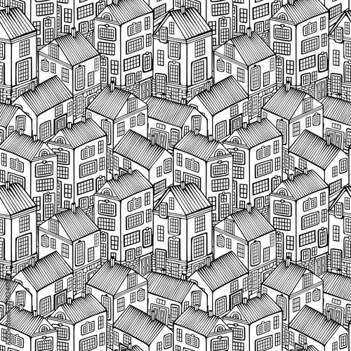 Cartoon Houses set. Monochrome Vector seamless pattern.
