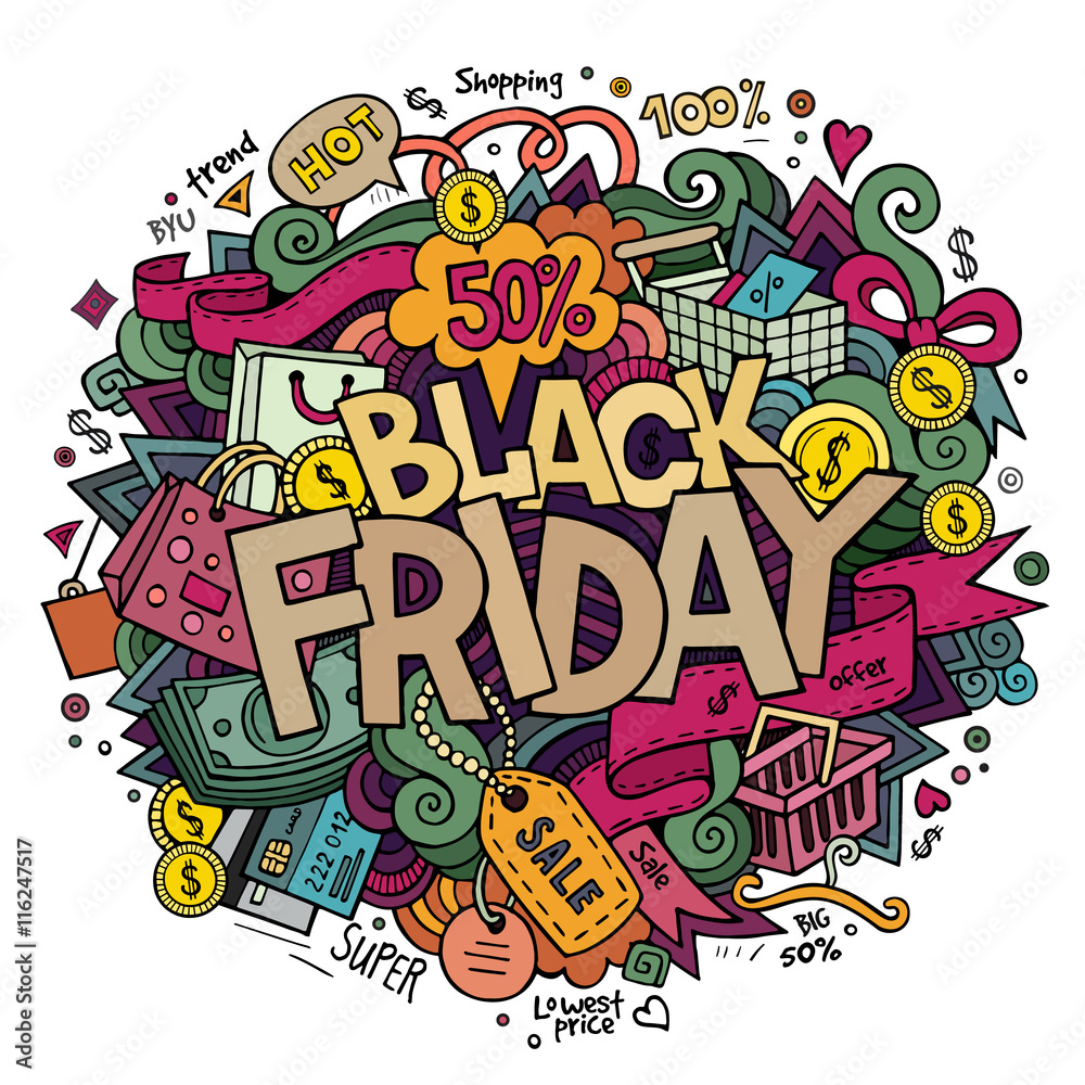 Black Friday sale hand lettering and doodles elements 