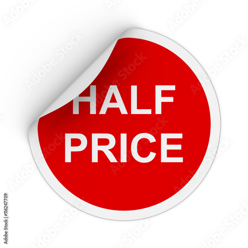 Half Price Text Red Circle Sticker with Peeling Corner 3D Illustration