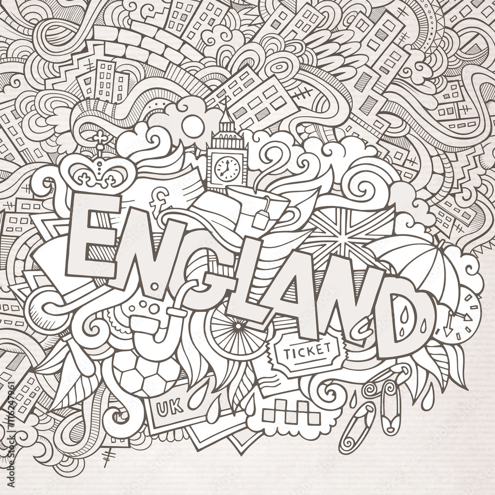 England hand lettering and doodles elements background. Vector i