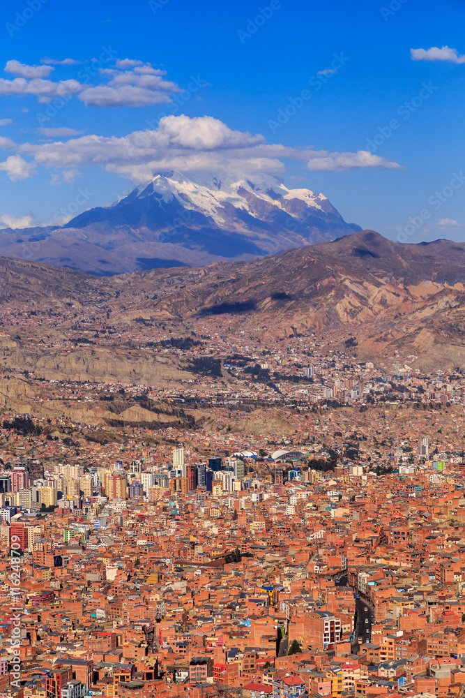 La Paz colorful panorama with a mountain ina background, Bolivia