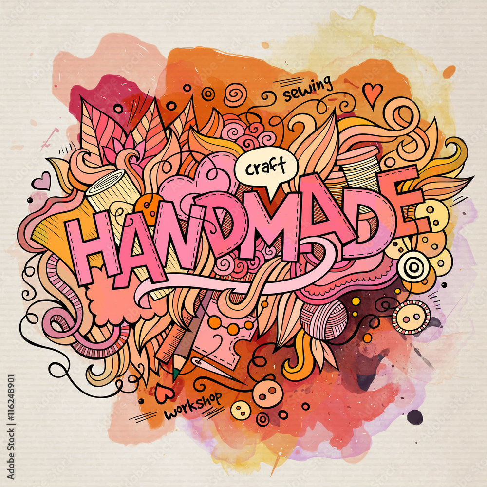 Handmade watercolor cartoon hand lettering and doodles elements