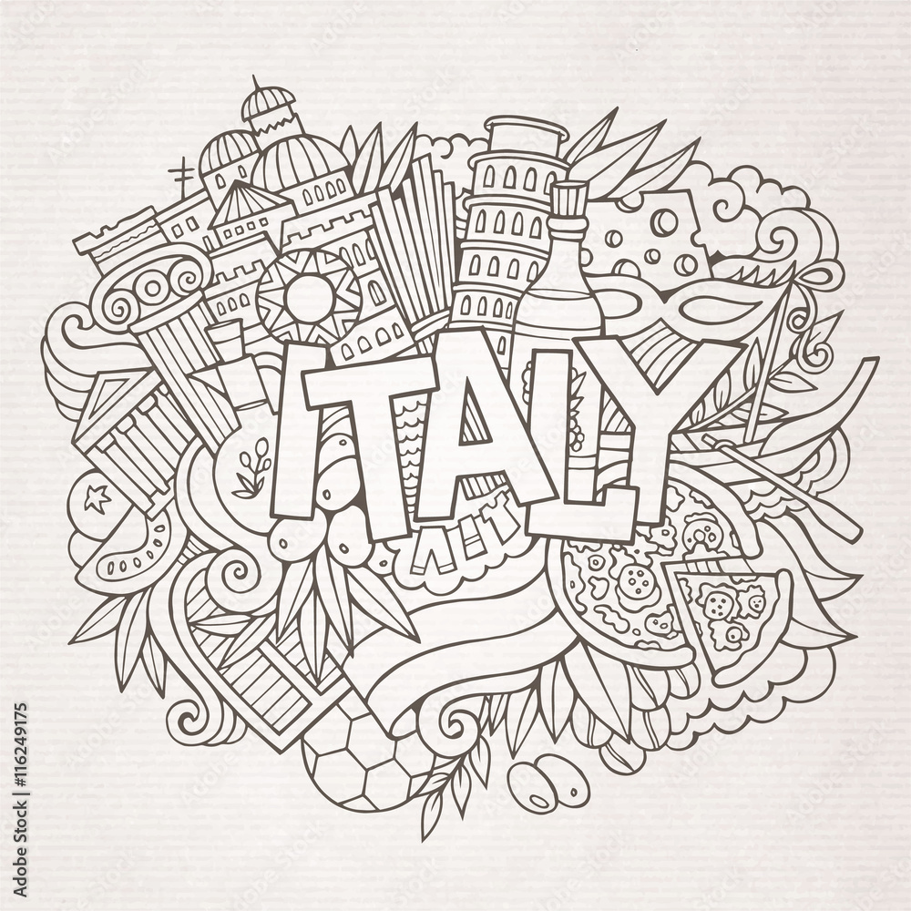 Italy country hand lettering and doodles elements