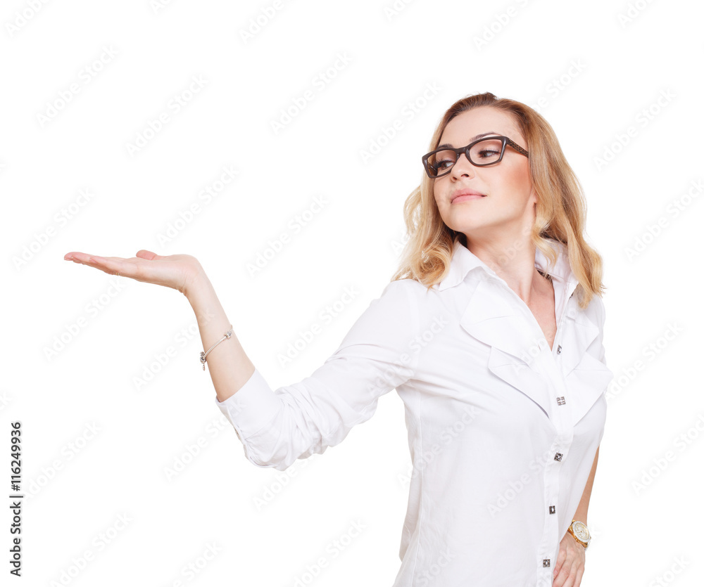 Blond woman show something on hand isolated at white background. Blond woman show something on hand isolated at white background.