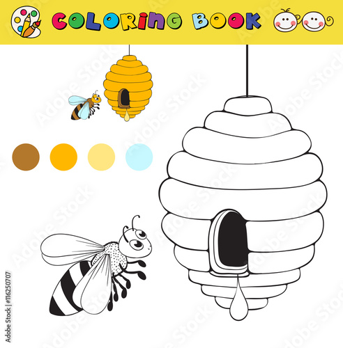coloring book page template with beehive and bee, color samples