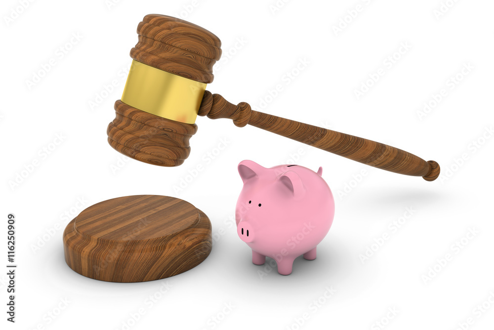 Financial Law Concept - Judge's Gavel with Piggy Bank 3D Illustration