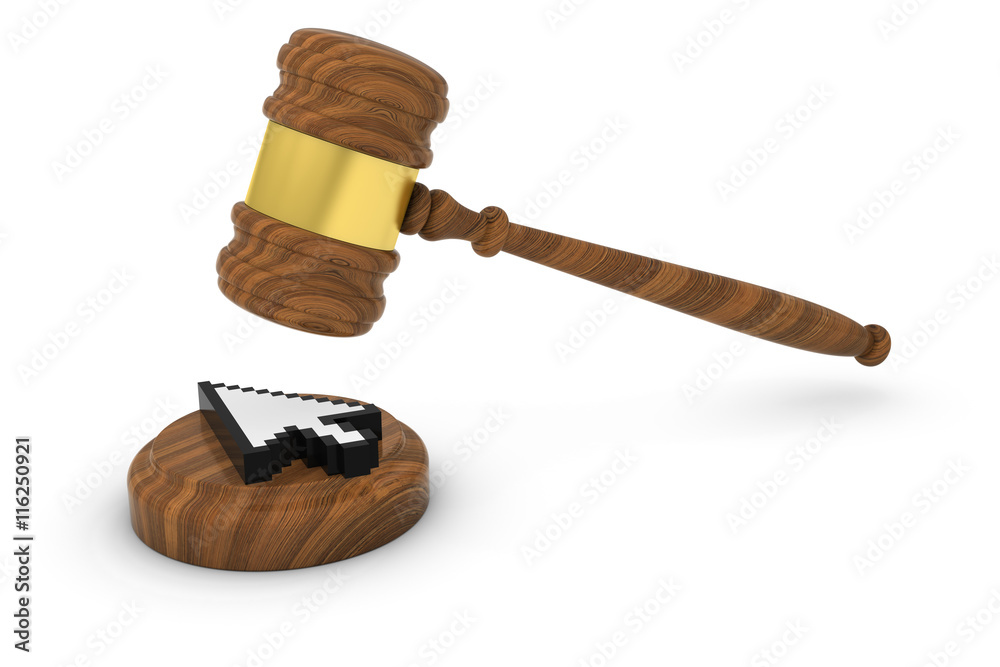Technology Law Concept - Judge's Gavel with Computer Pointer Cursor 3D Illustration