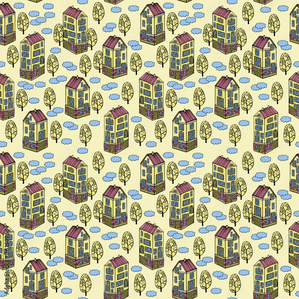 Cartoon Houses set. Colorful Vector seamless pattern.

