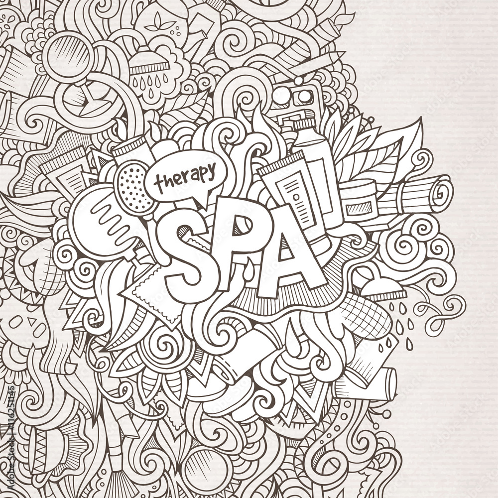 Spa hand lettering and doodles elements background. Vector illus
