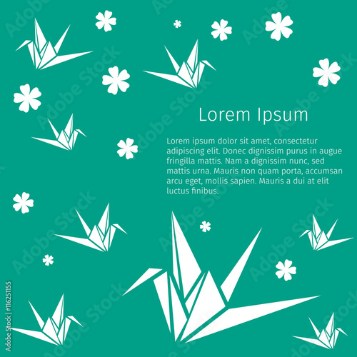 Background with Japanese style paper cranes and sakura flowers.