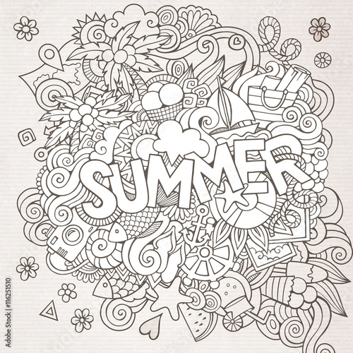 Summer hand lettering and doodles elements. Vector sketchy illus