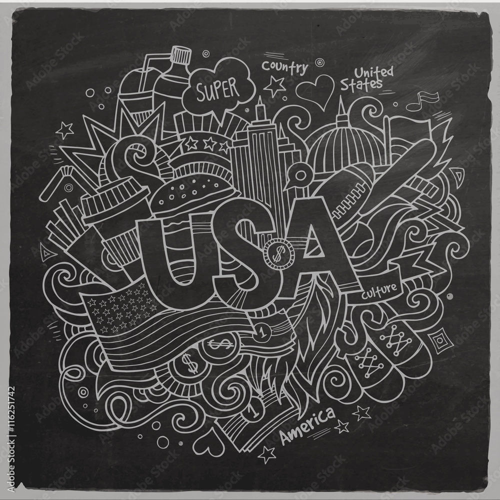 USA hand lettering and doodles elements background. USA hand lettering and doodles elements background.