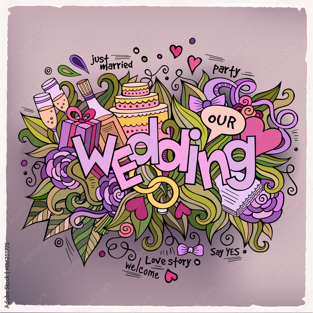 Wedding hand lettering and doodles elements background