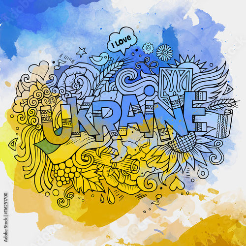 Ukraine hand lettering and doodles elements background