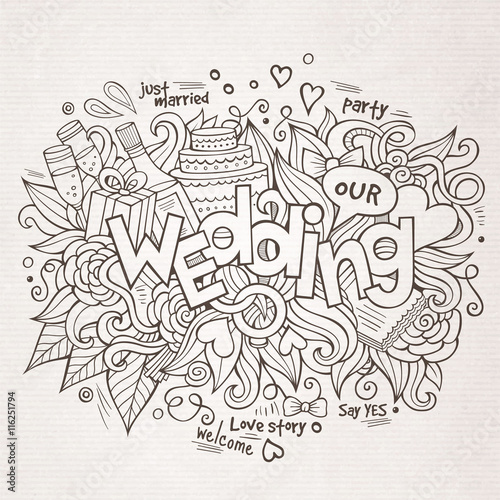 Wedding hand lettering and doodles elements sketch.