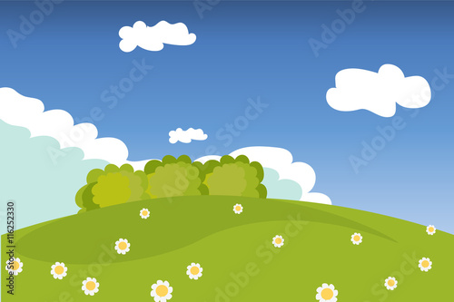 Landscape vector illustration. Meadow with flowers