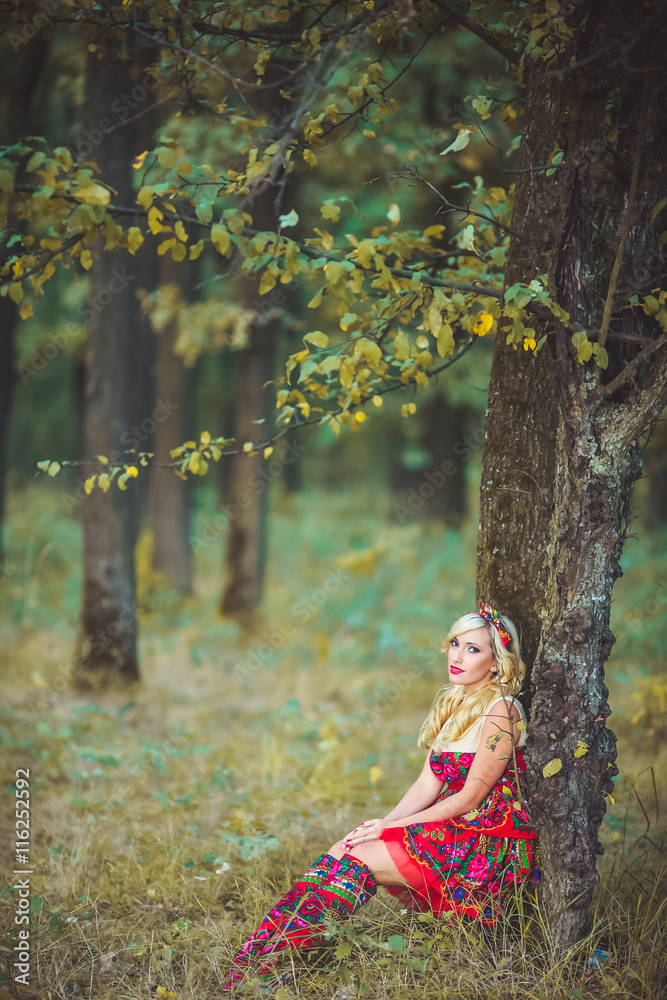 Portrait of young beautiful blonde woman wearing a long red elegant dress posing in a green meadow. Fashionable sexy attractive girl with blue eyes in field. Gorgeous fair hair female, outdoor shot. Portrait of young beautiful blonde woman wearing a long red elegant dress posing in a green meadow. Fashionable sexy attractive girl with blue eyes in field. Gorgeous fair hair female, outdoor shot.