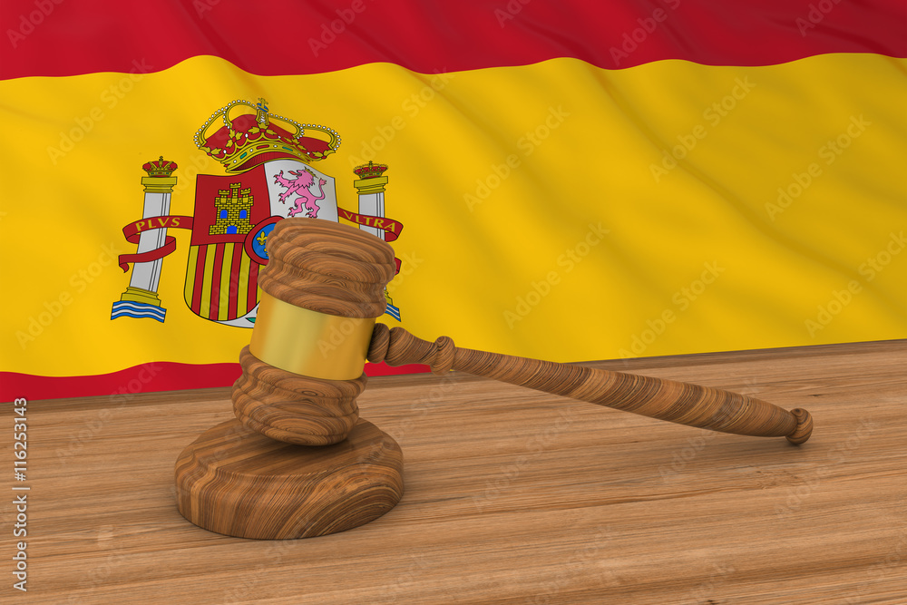 Spanish Law Concept - Flag of Spain Behind Judge's Gavel 3D Illustration - obrazy, fototapety, plakaty 