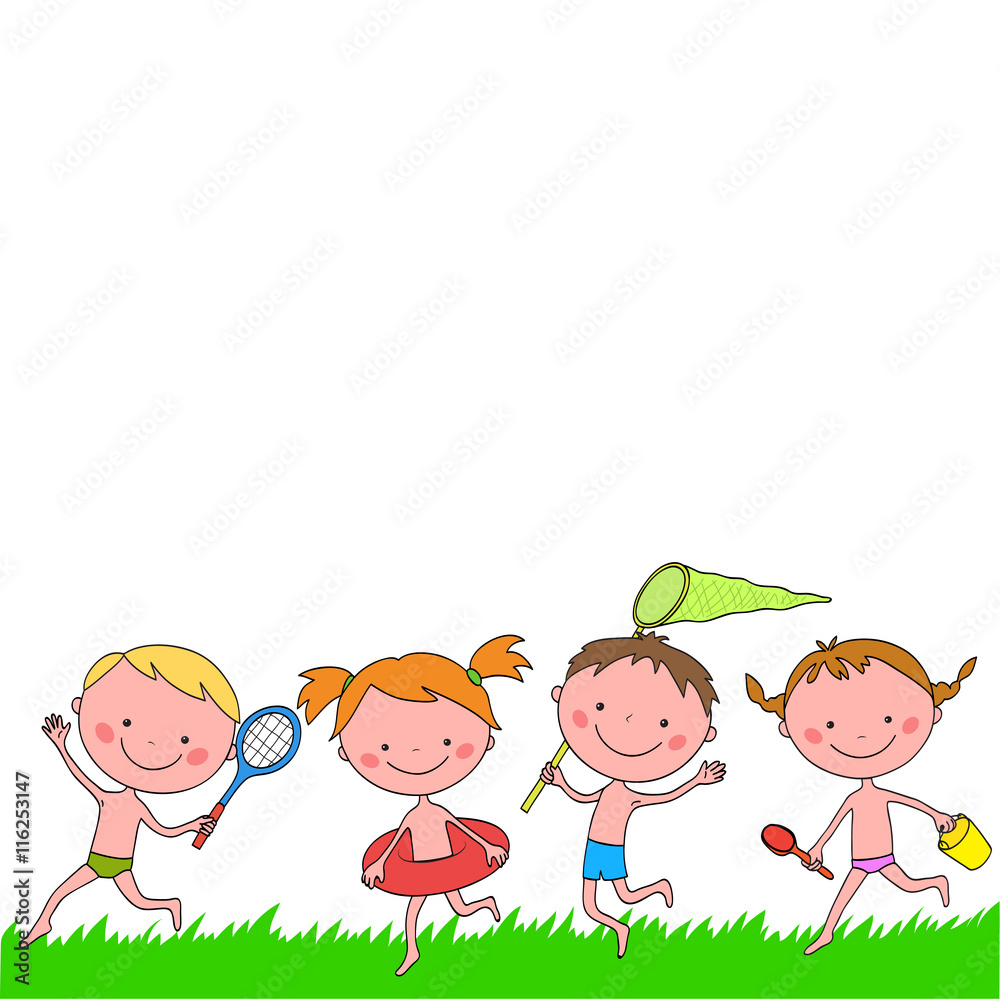 Boys and girls with items running on the grass Boys and girls with items running on the grass