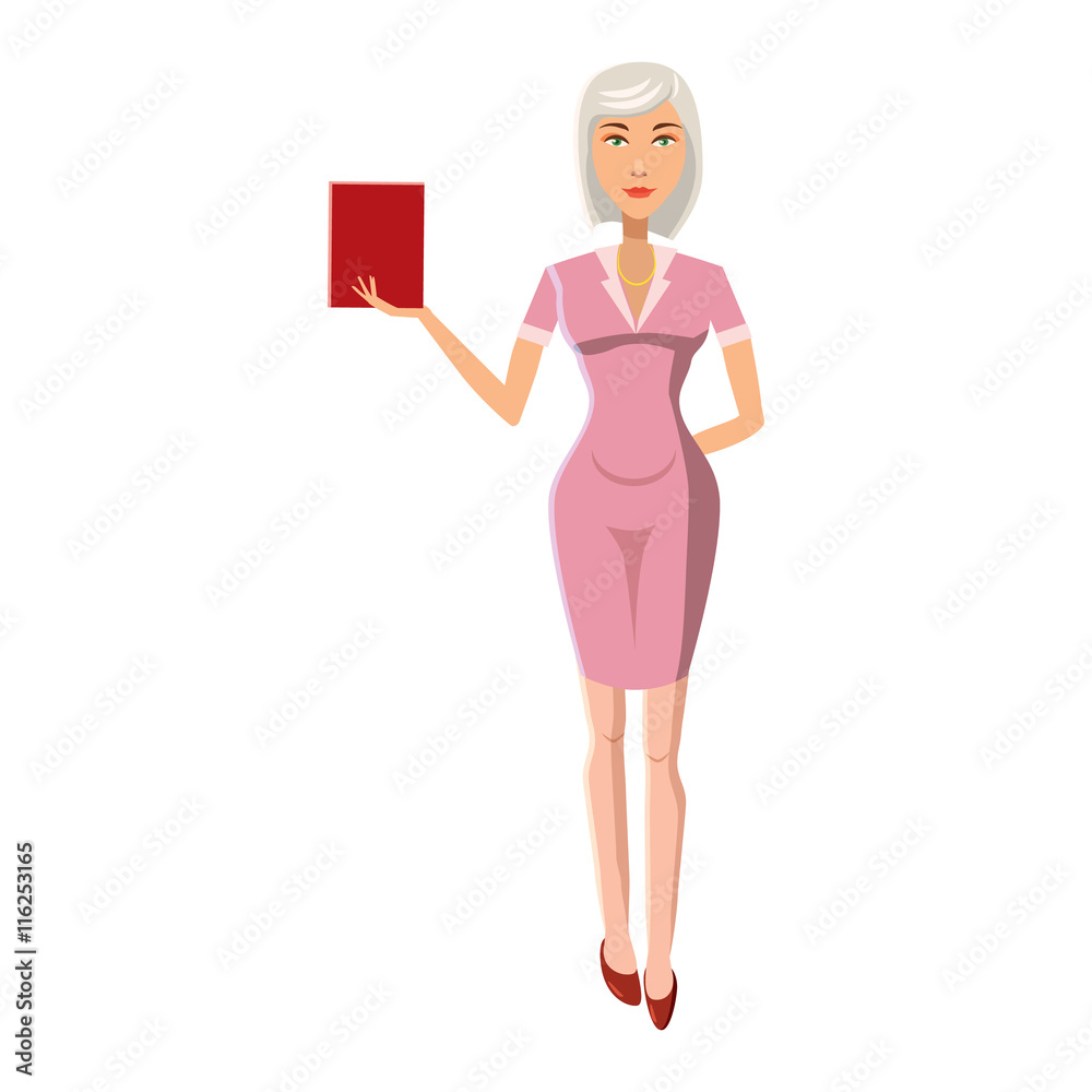 Businesswoman with red book icon in cartoon style on a white background