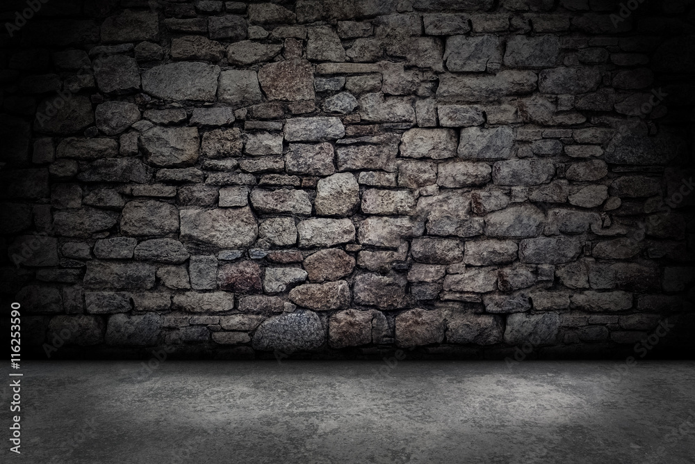 Concrete floor and stone wall Concrete floor and stone wall