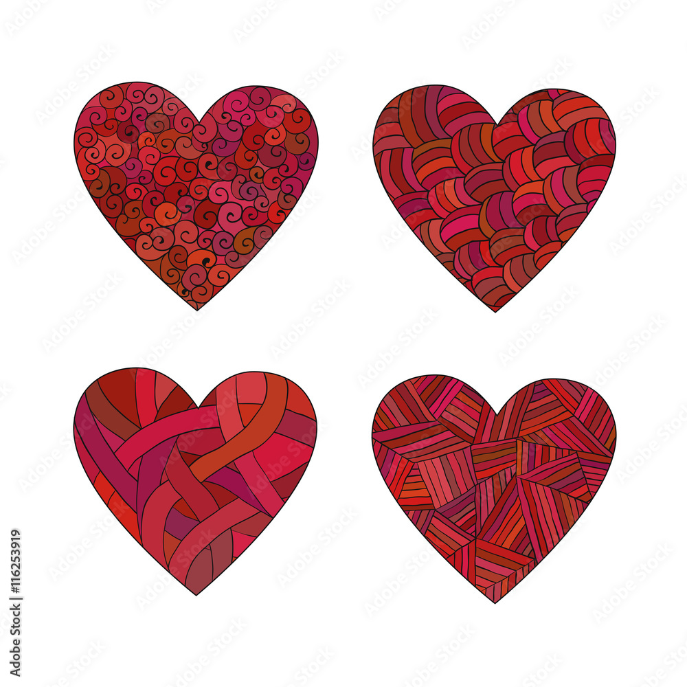 Set doodle red hearts.