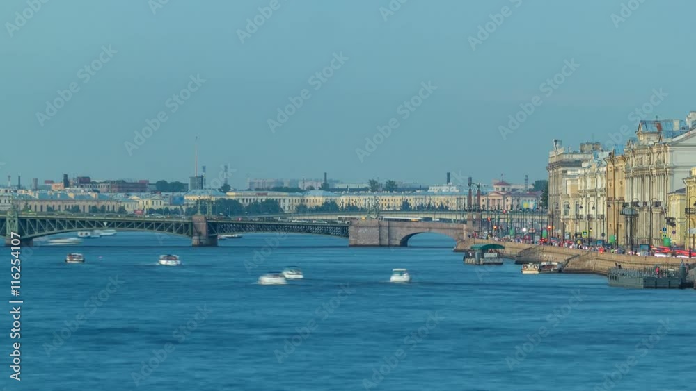 Trinity bridge timelapse and pier on the Palace embankment clear day in summer in Saint-Petersburg Trinity bridge timelapse and pier on the Palace embankment clear day in summer in Saint-Petersburg