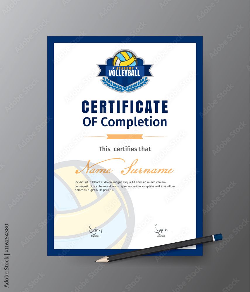 Obraz premium Vector template for certificate of volleyball training academy