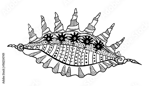 Abstract seashell line decorative ethnic ornament drawn contour isolated on white background sacred geometric decor element design print pattern vector illustration for coloring book or page for adult