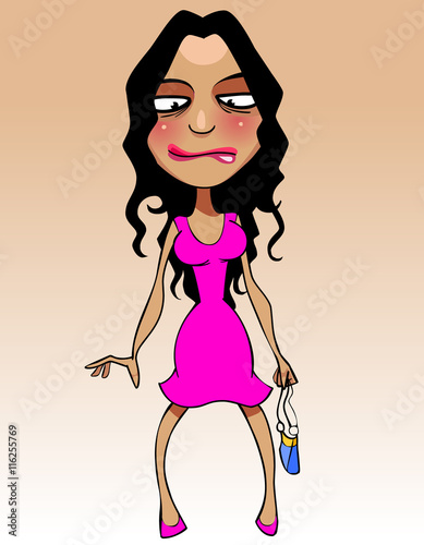 cartoon comic puzzled brunette woman in a pink dress