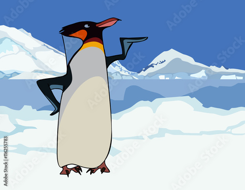 Cartoon king penguin in snowy mountains and ice