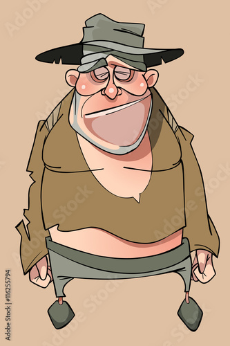 cartoon sad homeless man in tattered clothes