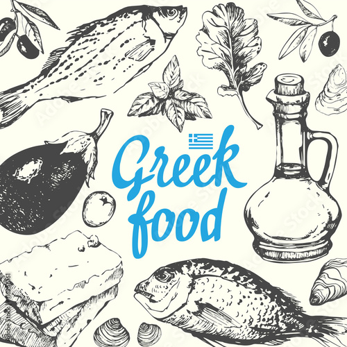 Background with greek food. Menu pattern.