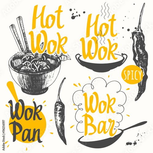 Vector food illustration with wok products.