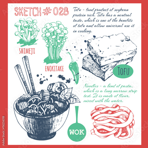 Food sketchbook with asian traditional products.