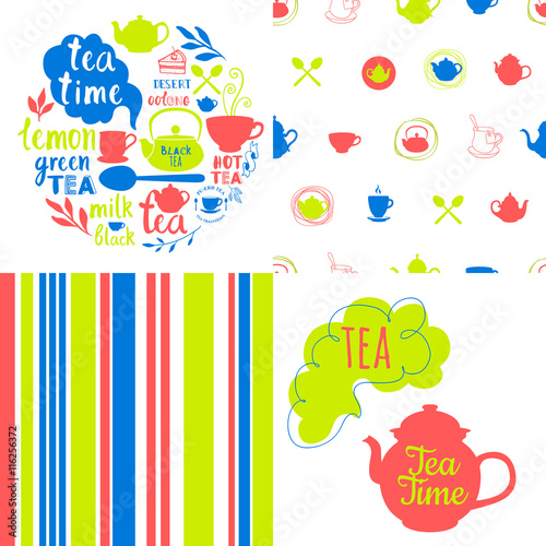 Tea party set with seamless background and sketch. 