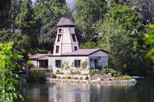 The garden of meditation in Santa Monica, United States. Park of five religions at the lake Shrine, landscape. 