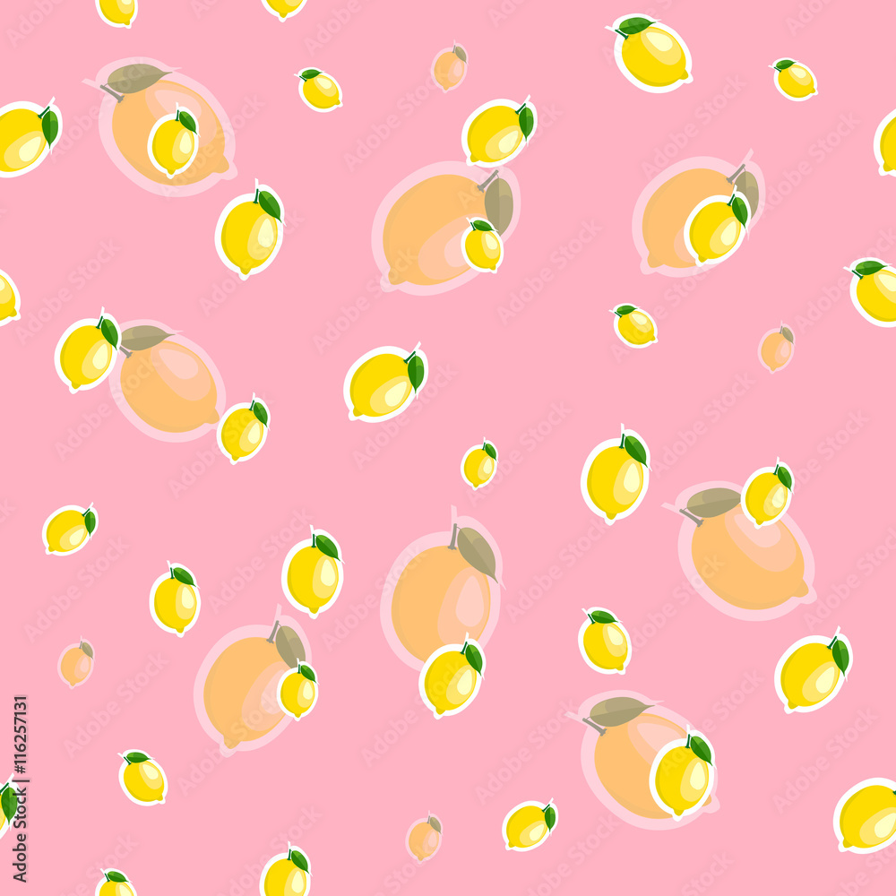 Pattern. lemon and leaves different sizes on pink background. Transparency lemon.
