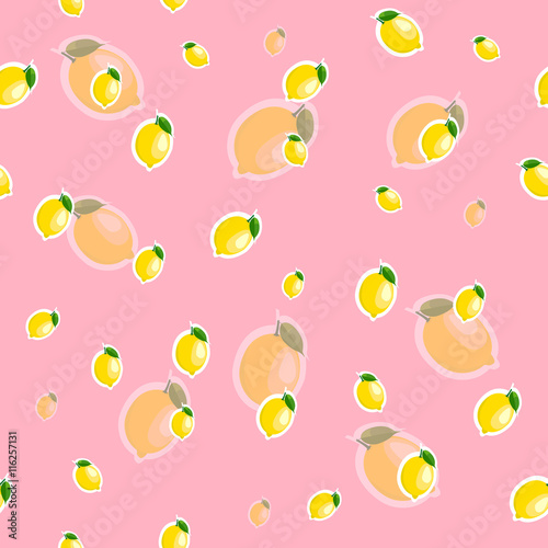 Fototapeta Naklejka Na Ścianę i Meble -  Pattern. lemon and leaves different sizes on pink background. Transparency lemon.