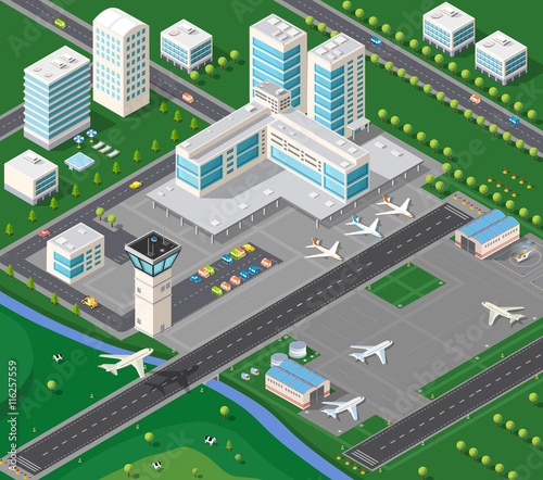 3D isometric industrial landscape of the city airport with the aircraft, the runway and the terminal building travel