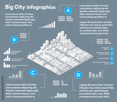 3D city isometric three-dimensional infographics including skyscrapers, homes and stores with streets and trees in the area of the city with the business conceptual graphs and diagrams